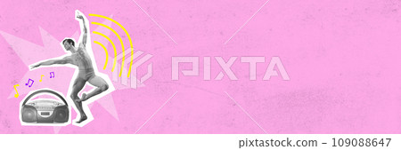 Shirtless, muscular, handsome man,, ballet dancer performing over pink background. Contemporary art collage. 109088647