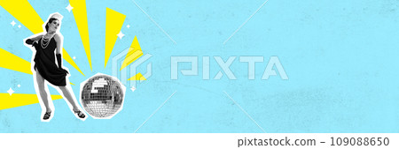 Elegant, passionate, beautiful woman dancing tango over abstract blue background with disco ball. Contemporary art collage. Elegant, passionate, beautiful woman dancing tango over abstract blue background with disco ball. Contemporary art collage. 109088650