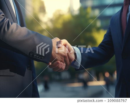 Business people shaking hands, finishing up meeting. Successful businessmen handshaking after good deal. AI Generative. 109088767