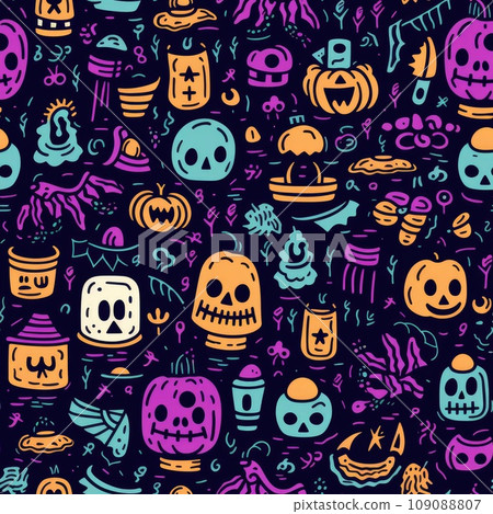 simple seamless doodle halloween themed pattern. AI Generative. 109088807
