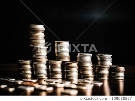 pile of silver coins stack and growing money graph on rows. Income, profits, finance, Investment, Interest and Saving money concept. AI Generative. 109088837
