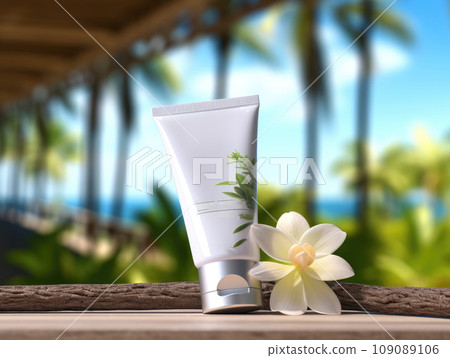 a set of Aroma spa product containers mockup on a natural background with green leaves and sunlight. AI Generative. 109089106