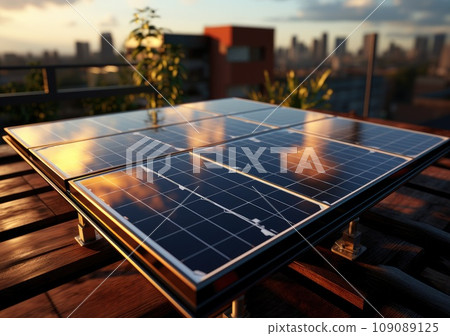 Modern solar panel on th roof with plants at morning, Solar panel on red roof reflecting sun and cloudless blue sky. Ai generative. 109089125
