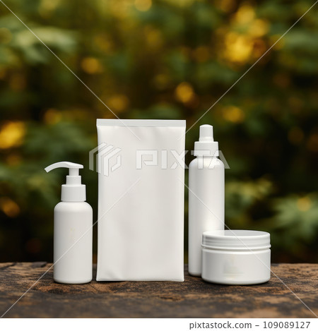 a set of Aroma spa product containers mockup on a natural background with green leaves and sunlight. AI Generative. 109089127