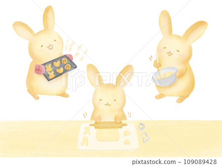 Watercolor illustration of three rabbits making cookies Watercolor illustration of three rabbits making cookies 109089428