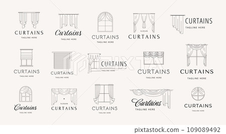 Minimalist curtains emblems. Window drapery and blinds for interior design branding. Line windows vector icon set 109089492