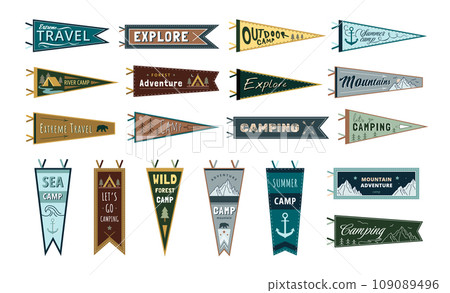 Adventure Pennants. Outdoor and camping enthusiast banner collection with wild forest camp, mountain and explore designs vector set 109089496