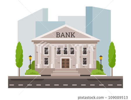 Cartoon bank building facade. City bank exterior architecture with columns, financial services and home of money flat vector illustration 109089513
