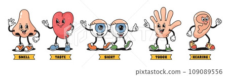 Cartoon 5 senses. Smell, taste, sight, touch and hearing mascot characters in 1930s rubber hose style vector illustration set Cartoon 5 senses. Smell, taste, sight, touch and hearing mascot characters in 1930s rubber hose style vector illustration set 109089556