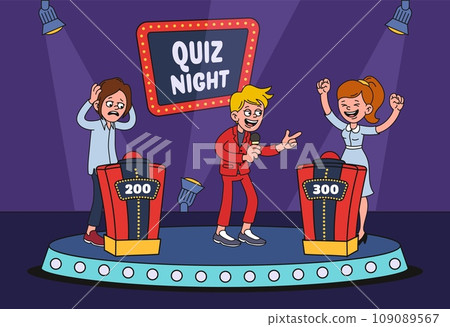 Cartoon TV quiz game. Erudite show host congratulates winner for right final question answer vector illustration 109089567