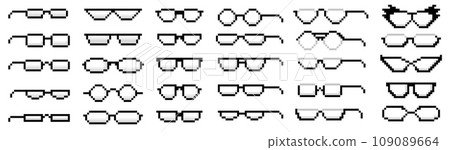 Pixel art transparent glasses. Nerd eyeglasses pixelated icons, glasses rim styles and shapes vector set 109089664