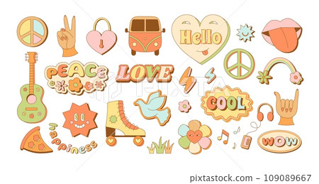 Retro hippie emblem templates. Cute funky hipster stickers, 90s peace and rainbow love signs vector illustration set 109089667