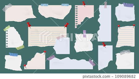 Pinned torn paper notes backgrounds. Scrapbook style note frame, ripped edge pieces of paper with tape and pushpin vector set 109089682