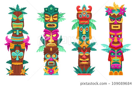 Mask totem poles. Traditional tribal sculptures, island tiki gods faces and wooden totemic statues vector set 109089684
