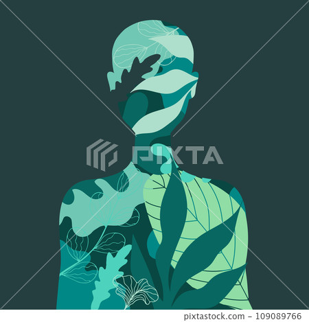 Human silhouette front view with rainforest plants inside it. Vector illustration Human silhouette front view with rainforest plants inside it. Vector illustration 109089766