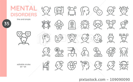 Mental Disorders Icon Set. Anxiety, Neurosis, Mania, Depression, Addiction, Autism, Insomnia, Phobia, Crisis, Stress, Burnout, and More. Isolated Vector Mental Health Disorders Signs Collection. 109090090