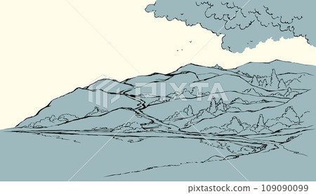 Vector image. Summer landscape with a river flowing among the hills 109090099