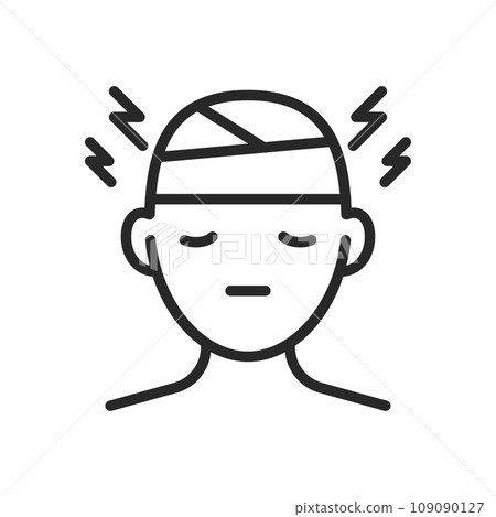 PTSD and Trauma Icon. Vector Outline Editable Isolated Sign of a Person with a Bandaged Head, Symbolizing the Struggle and Recovery Process of PTSD and Traumatic Experiences. 109090127