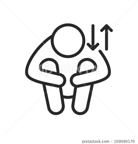 Ups and Downs Icon. Vector Outline Editable Isolated Sign of an Exhausted Person Hugging Knees with Up and Down Arrow Pictogram, Symbolizing the Fluctuating Nature of Life's Challenges and Resilience. Ups and Downs Icon. Vector Outline Editable Isolated Sign of an Exhausted Person Hugging Knees with Up and Down Arrow Pictogram, Symbolizing the Fluctuating Nature of Life's Challenges and Resilience. 109090170