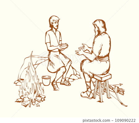 Vector drawing. Jacob gives soup to Esau 109090222