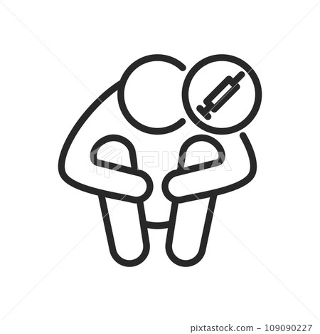 Drug Addiction Icon. Vector Outline Editable Isolated Sign of a Crouching Addict Embracing Knees, Thinking About a Syringe, Symbolizing the Harsh Realities of Substance Dependency and Abuse. 109090227