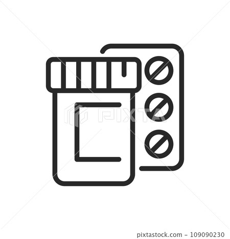 Drug Treatment Icon. Vector Outline Editable Isolated Sign of Various Pills in a Bottle and Blisters, Symbolizing Medical Treatment and Pharmaceutical Care. 109090230