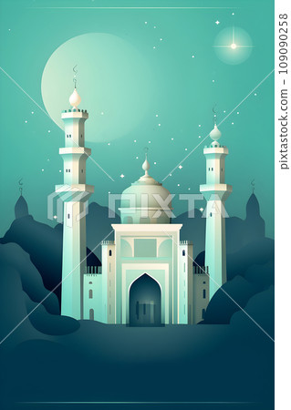 Colorful simple decoration illustration for Happy Ramadan or EID Mubarak draft and greetings card template. 109090258