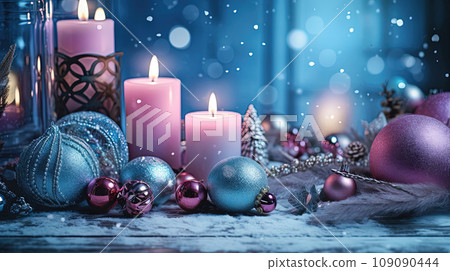 Christmas decoration with candles and baubles. Xmas card template with winter holidays ornament, candles and balls. Generated AI. Christmas decoration with candles and baubles. Xmas card template with winter holidays ornament, candles and balls. Generated AI. 109090444