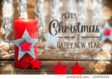 Text Merry Christmas And Happy New Year, With Candle, Christmas Background Text Merry Christmas And Happy New Year, With Candle, Christmas Background 109090484