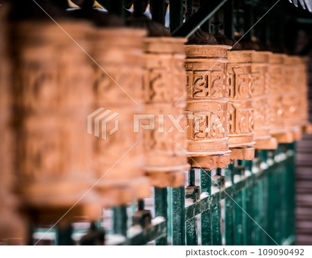 Closed up the prayer wheel at temple Closed up the prayer wheel at temple 109090492