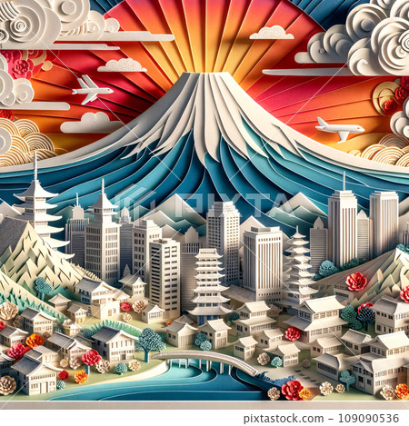 Mount Fuji with Cityscape and Plane in Paper Craft Style 109090536