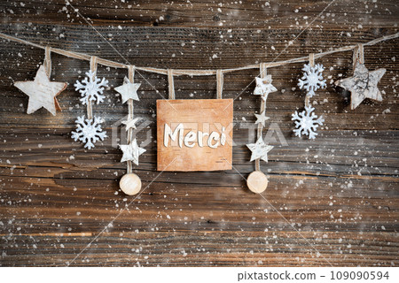 Wooden Decorated Christmas Label With French Text Merci 109090594