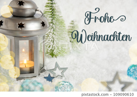 Text Frohe Weihnachten, Means Merry Christmas, Christmas Lantern In The Snow Text Frohe Weihnachten, Means Merry Christmas, Christmas Lantern In The Snow 109090610