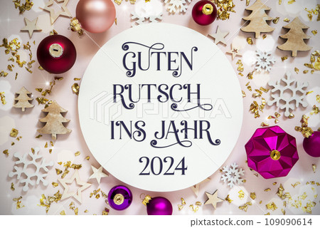 Text Guten Rutsch 2024, Means Happy 2024, Purple Flatlay Christmas Decor Text Guten Rutsch 2024, Means Happy 2024, Purple Flatlay Christmas Decor 109090614