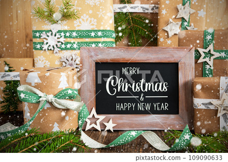 Text Merry Christmas, Happy New Year With Sustainable Christmas Decoration 109090633