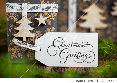 Text Christmas Greetings, On Label, Christmas Gifts Background Text Christmas Greetings, On Label, Christmas Gifts Background 109090638