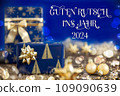 Text Guten Rutsch 2024, Means Happy 2024, Golden And Blue Christmas Decoration 109090639