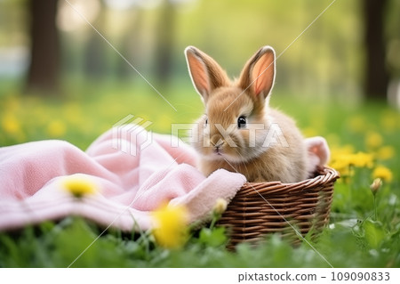 Cute little bunny in a basket on a blanket in a spring garden 109090833