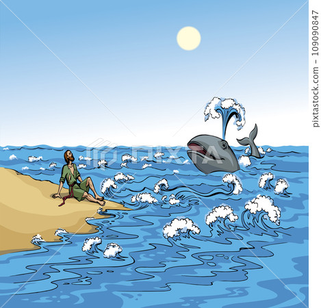 Vector drawing. A man on the shore after a shipwreck 109090847