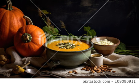 Pouring Warm Pumpkin Soup into a Ceramic Bowl with Steam Rising 109090911
