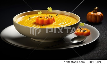 Pouring Warm Pumpkin Soup into a Ceramic Bowl with Steam Rising 109090913