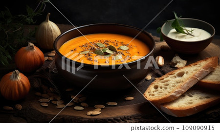 Pouring Warm Pumpkin Soup into a Ceramic Bowl with Steam Rising 109090915
