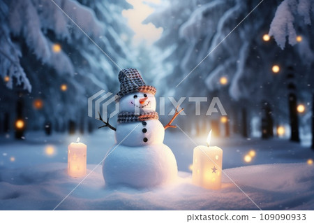 A Charming Snowman with a Festive Blue Hat and Scarf A Charming Snowman with a Festive Blue Hat and Scarf 109090933