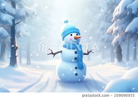 A Charming Snowman with a Festive Blue Hat and Scarf A Charming Snowman with a Festive Blue Hat and Scarf 109090935
