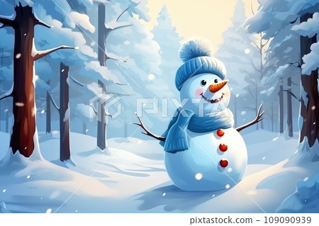 A Charming Snowman with a Festive Blue Hat and Scarf A Charming Snowman with a Festive Blue Hat and Scarf 109090939
