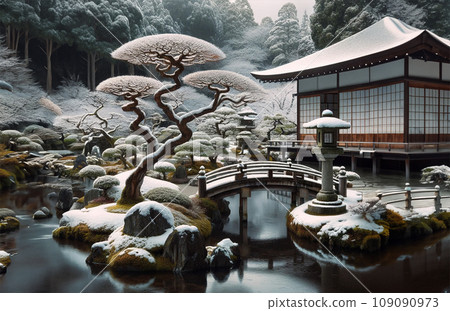 Japanese garden in winter with snow 3 109090973