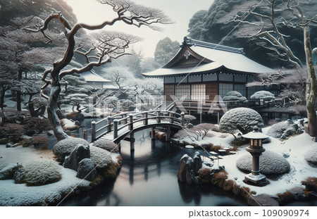 Winter Japanese garden with snow 4 109090974