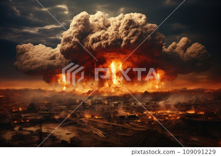 War's Fury: A Massive Mushroom Cloud Engulfs the Desolate City 109091229