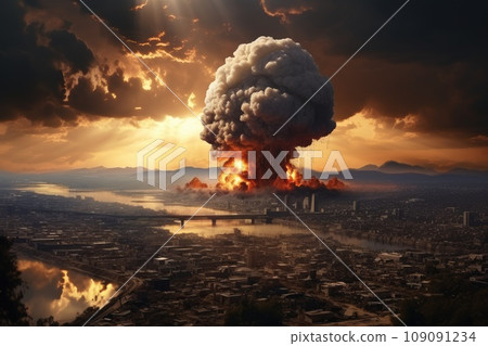 War's Fury: A Massive Mushroom Cloud Engulfs the Desolate City 109091234