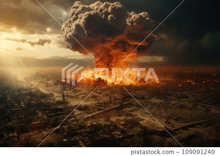 War's Fury: A Massive Mushroom Cloud Engulfs the Desolate City 109091240